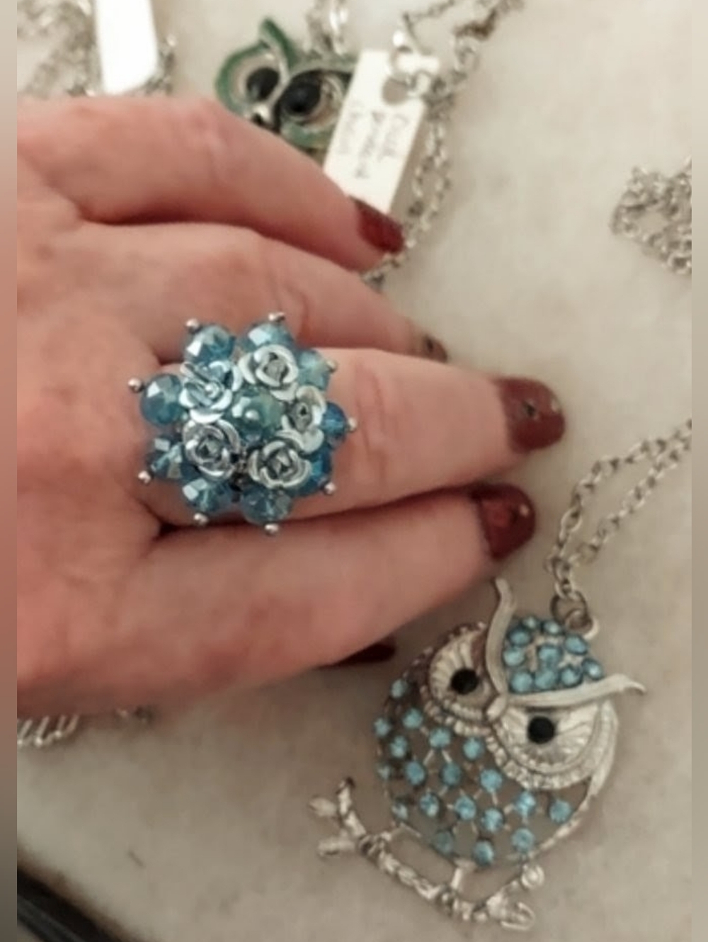 Blue Roses Ring & Owl Necklace Lot of 2
